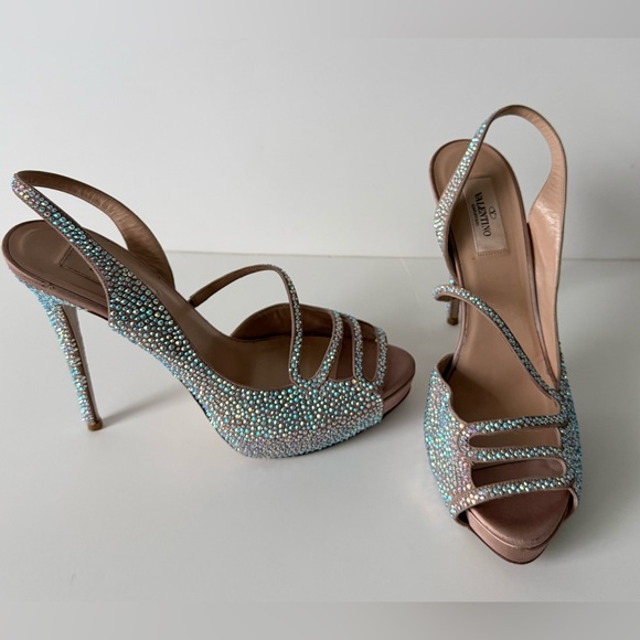 Valentino Beige Crystal Embellished Leather Platform Slingback Sandals Size 40 - Picture 6 of 13